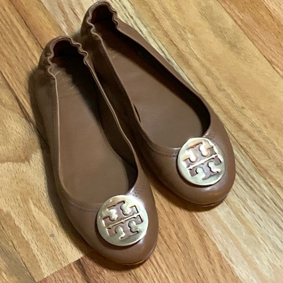 EUC Tory Burch Minnie Travel Ballet Flats - Royal Tan and Gold - Size 7.5 - Picture 1 of 11